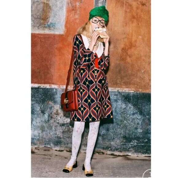 NWT. $3500 GUCCI Printed Dress Size IT40. Dark blue red - Picture 2 of 16